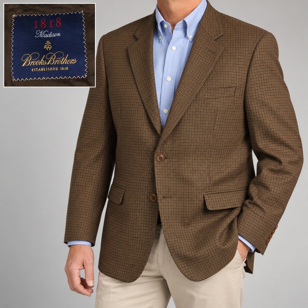 Brooks Brothers Blazer Mens 46L 1818 Madison Brown Houndstooth Wool Sport Coat